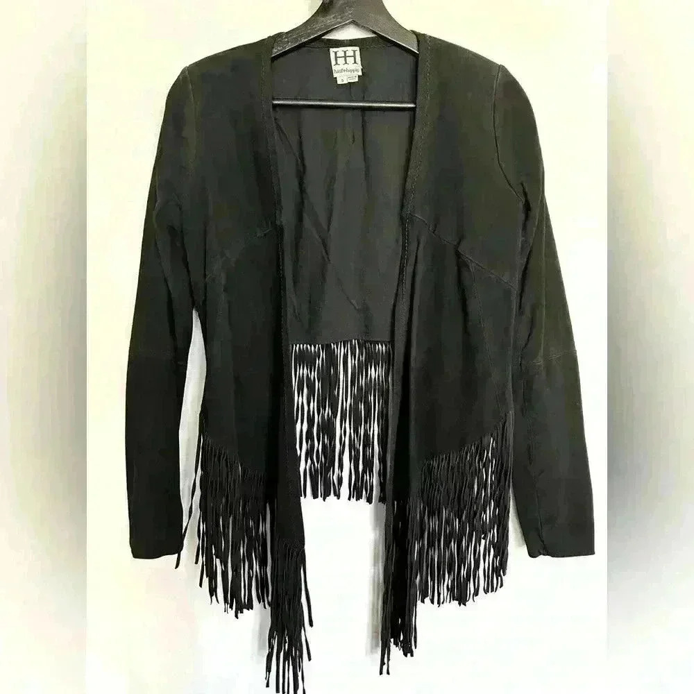Haute Hippie Leather Long Fringe Crop Jacket Black Small